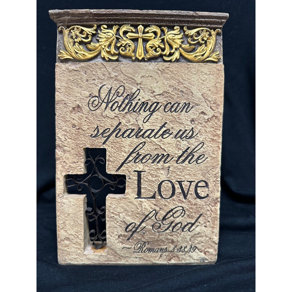 Religious Standing Plaque Tan Romans 8:38-39 Scripture‎ Cross Filigree Table Top